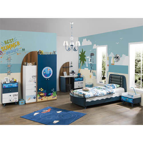 Chambre d'enfant complète - Set D Fabian, 6 pièces, couleur : chêne brun  clair / blanc / bleu